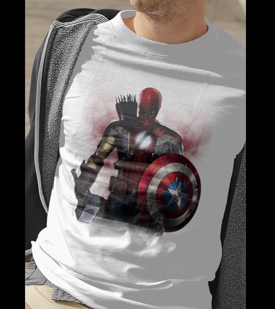 Overpowered Avengers Man Captain America Spider-Man Thor Iron Man Fusion With Shield And Mjolnir T-Shirt