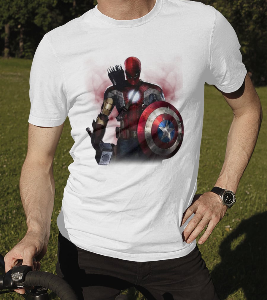 Overpowered Avengers Man Captain America Spider-Man Thor Iron Man Fusion With Shield And Mjolnir T-Shirt