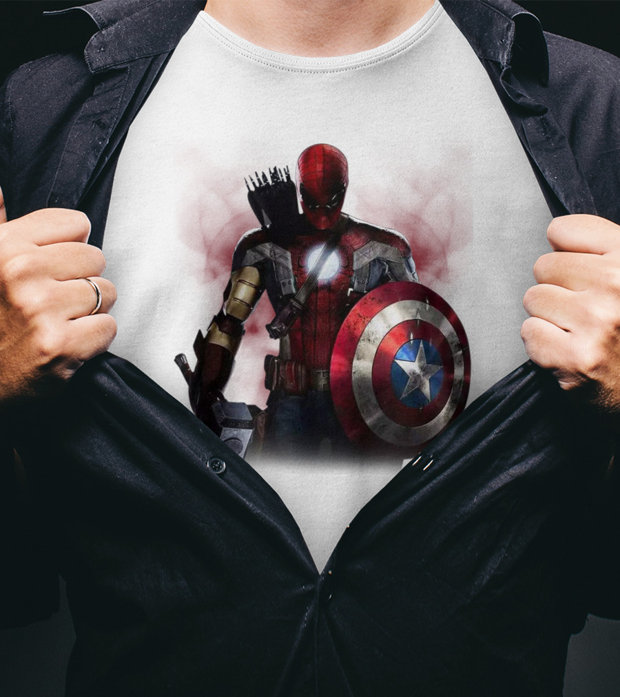 Overpowered Avengers Man Captain America Spider-Man Thor Iron Man Fusion With Shield And Mjolnir T-Shirt