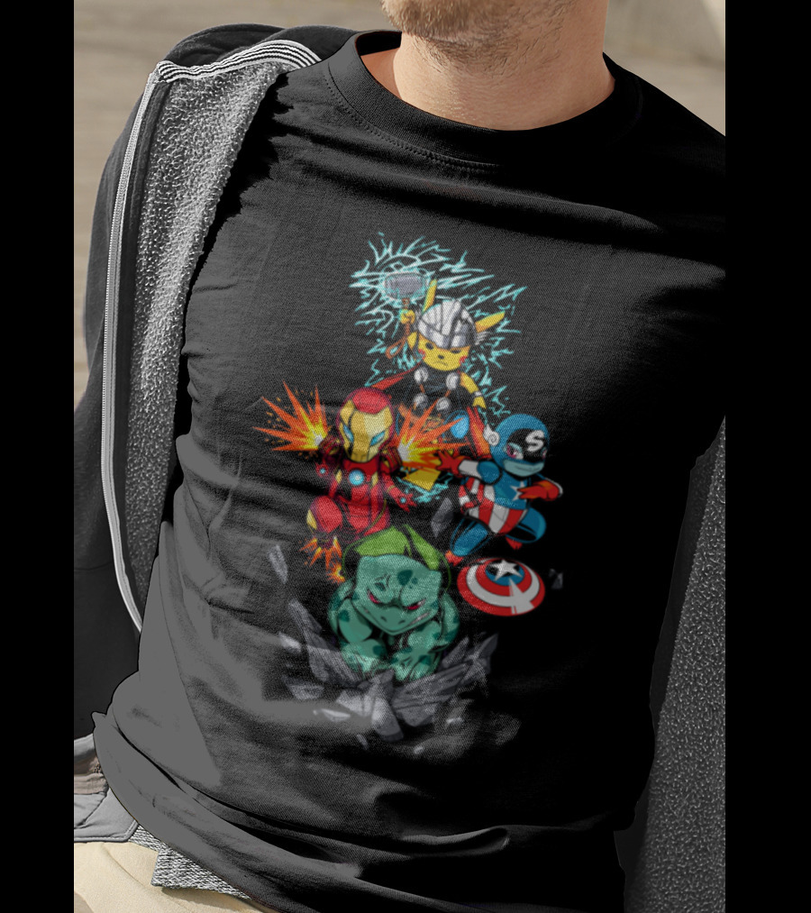 Avengers Pokemon Crossover Pikachu Thor Iron Man Bulbasaur Captain America T-Shirt