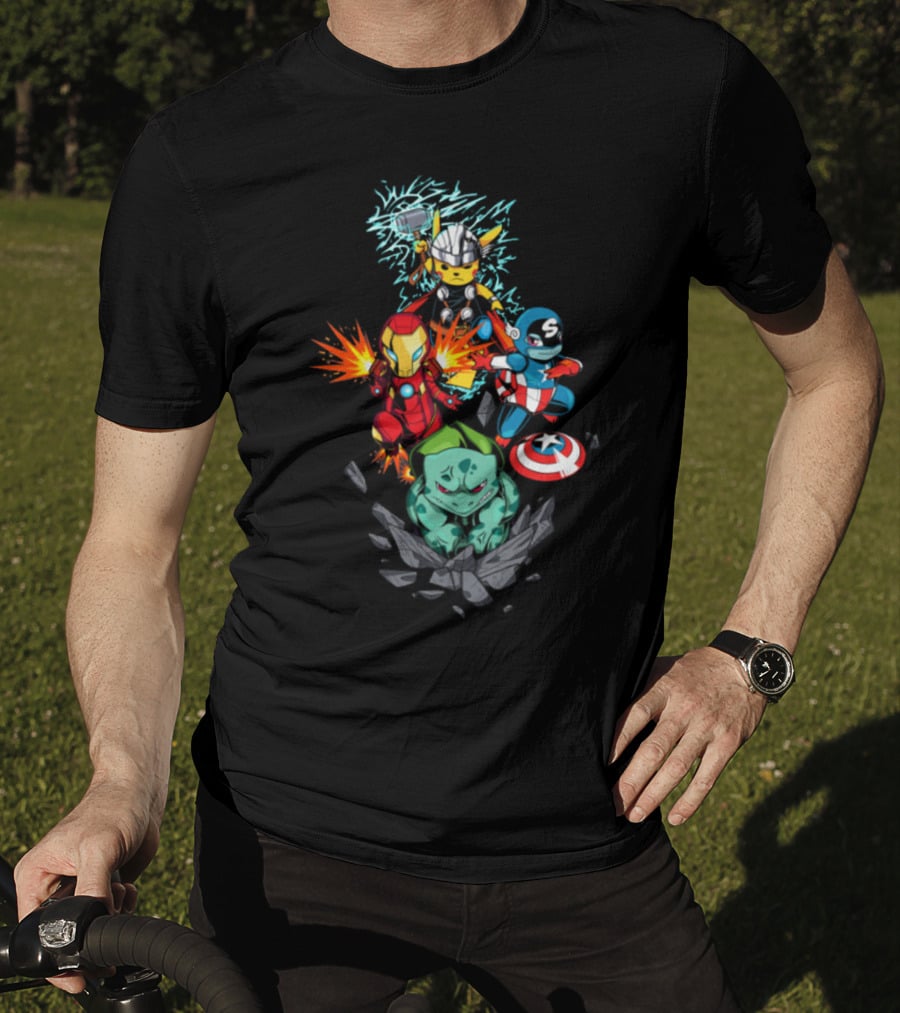Avengers Pokemon Crossover Pikachu Thor Iron Man Bulbasaur Captain America T-Shirt