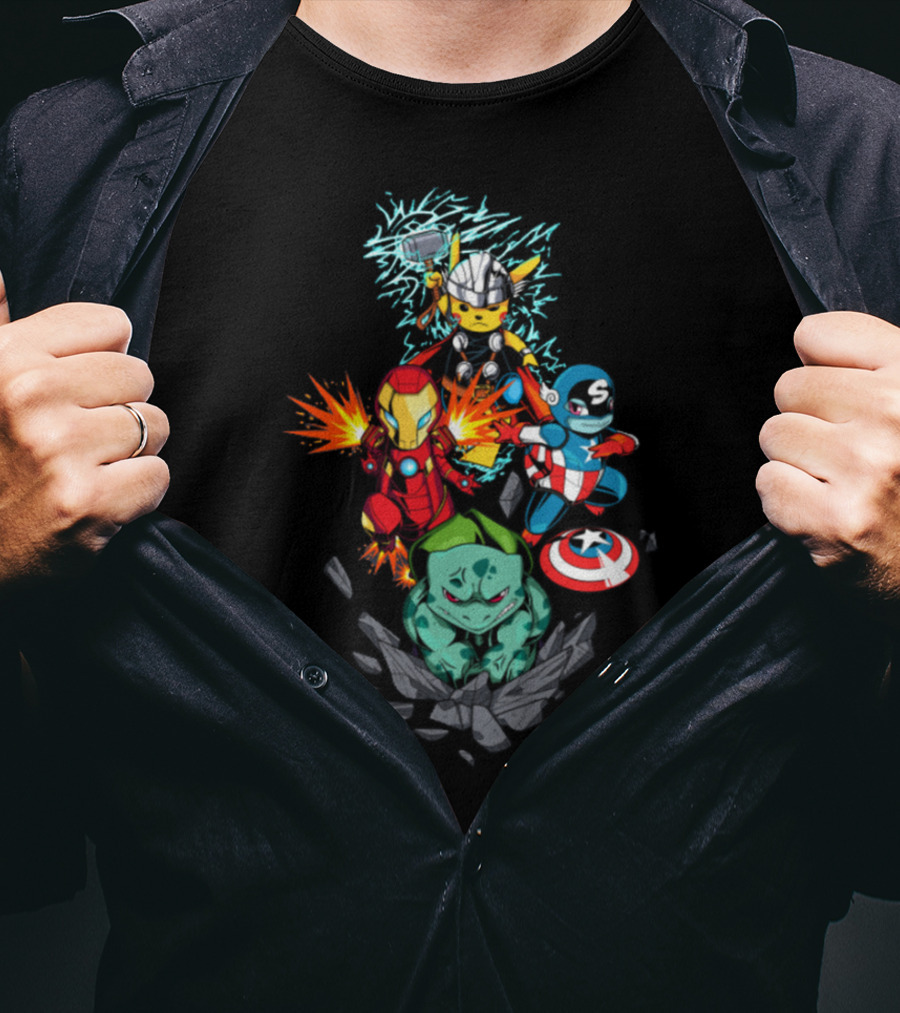 Avengers Pokemon Crossover Pikachu Thor Iron Man Bulbasaur Captain America T-Shirt
