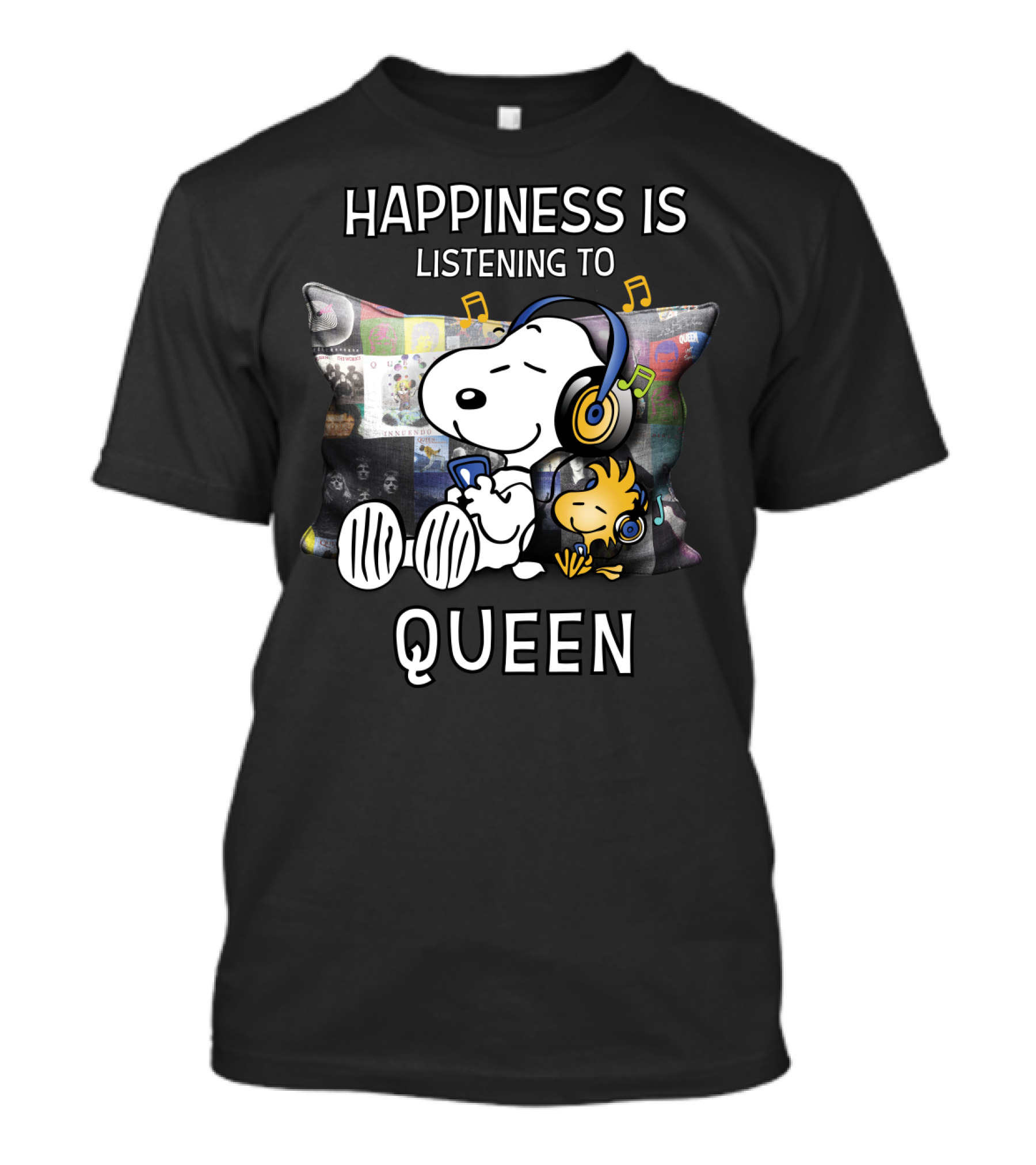 Happiness Is Snoopy And Woodstock Listening To Queen Music T-Shirt