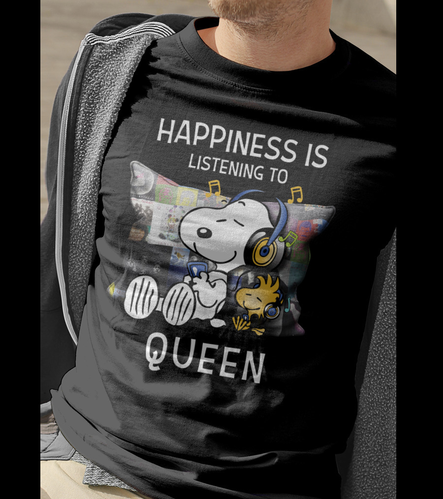 Happiness Is Snoopy And Woodstock Listening To Queen Music T-Shirt