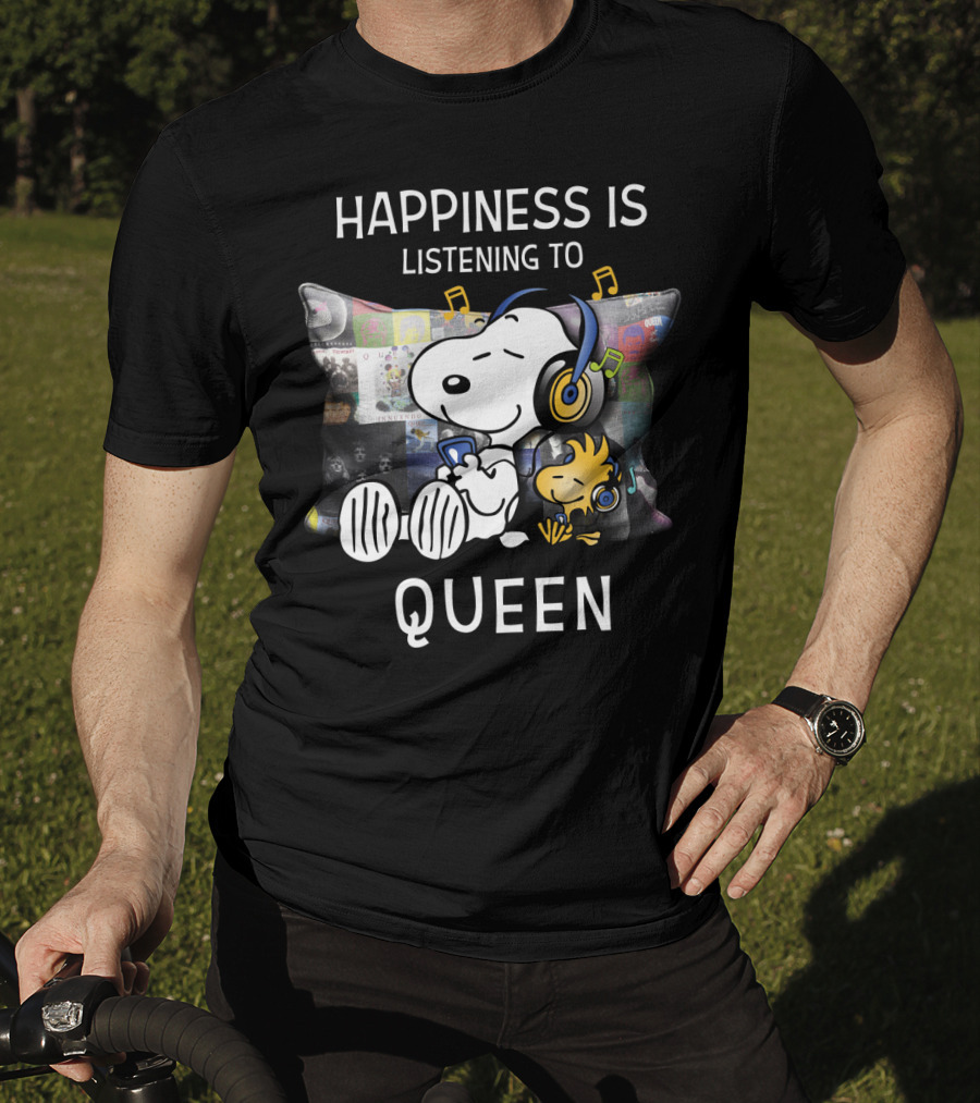 Happiness Is Snoopy And Woodstock Listening To Queen Music T-Shirt