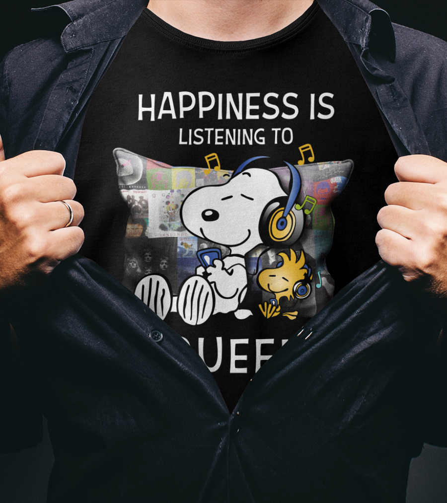 Happiness Is Snoopy And Woodstock Listening To Queen Music T-Shirt