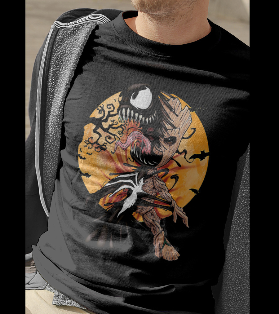 Baby Groot Venom Symbiote Halloween Moon Scene T-Shirt
