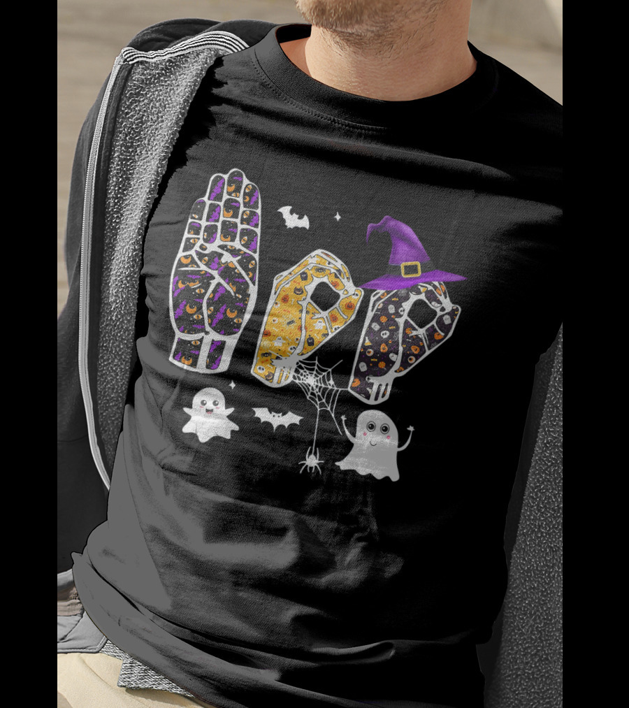 Deaf Pride Halloween Sign Language Hands With Ghosts Bats And Witch Hat T-Shirt