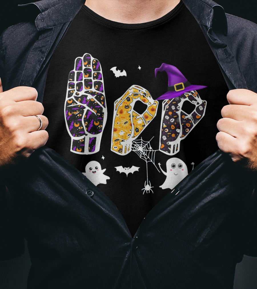 Deaf Pride Halloween Sign Language Hands With Ghosts Bats And Witch Hat T-Shirt