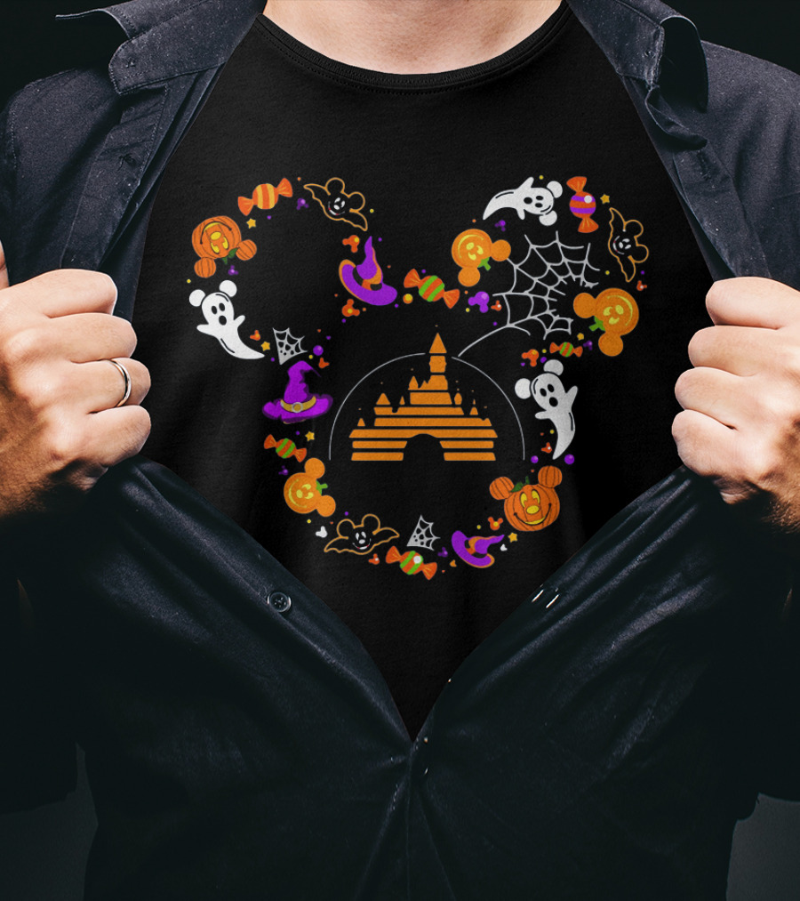 Mickey Mouse Halloween Candy Ghosts Pumpkins Magic Castle Spiderwebs T-Shirt