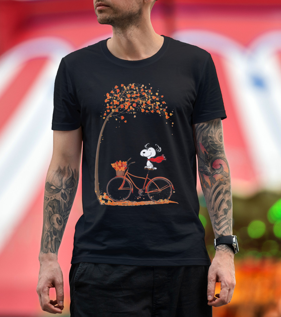 Snoopy Enjoying Autumn Leaves Bicycle Ride under Fall Tree T-Shirt