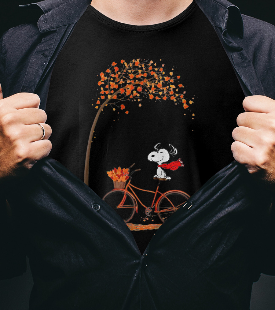 Snoopy Enjoying Autumn Leaves Bicycle Ride Under Fall Tree T-Shirt