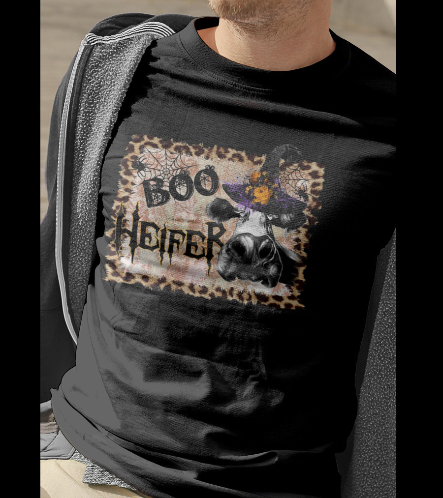 Boo Heifer Halloween Cow Witch Hat Leopard Print Spiderweb T-Shirt