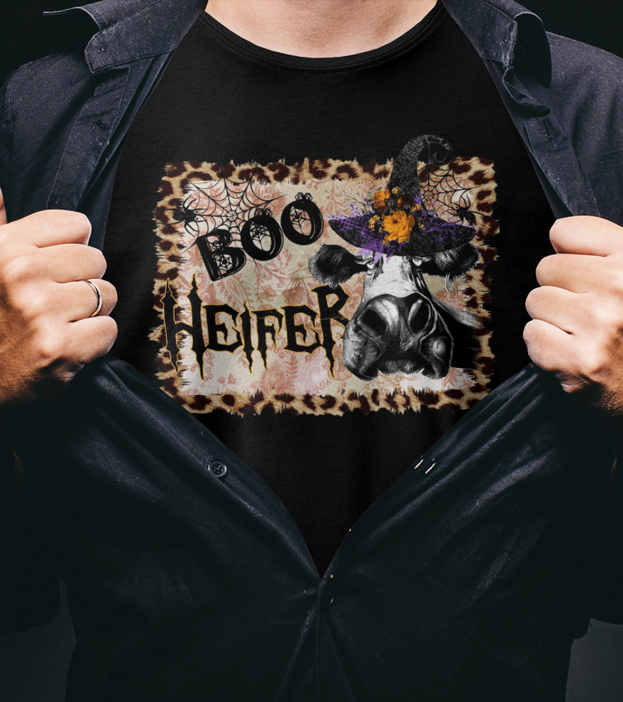 Boo Heifer Halloween Cow Witch Hat Leopard Print Spiderweb T-Shirt