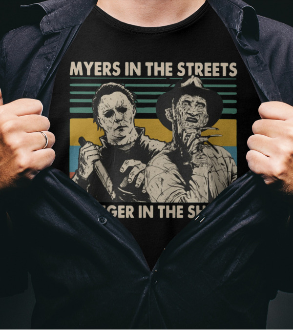 Myers In The Streets Krueger In The Sheets Horror Icons T-Shirt