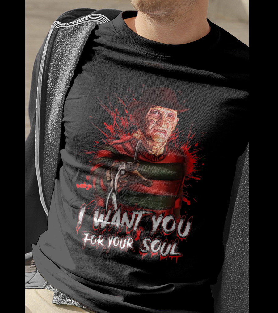 Freddy Krueger I Want You For Your Soul Horror Icon With Red And Green Stripes And Claw Glove T-Shirt