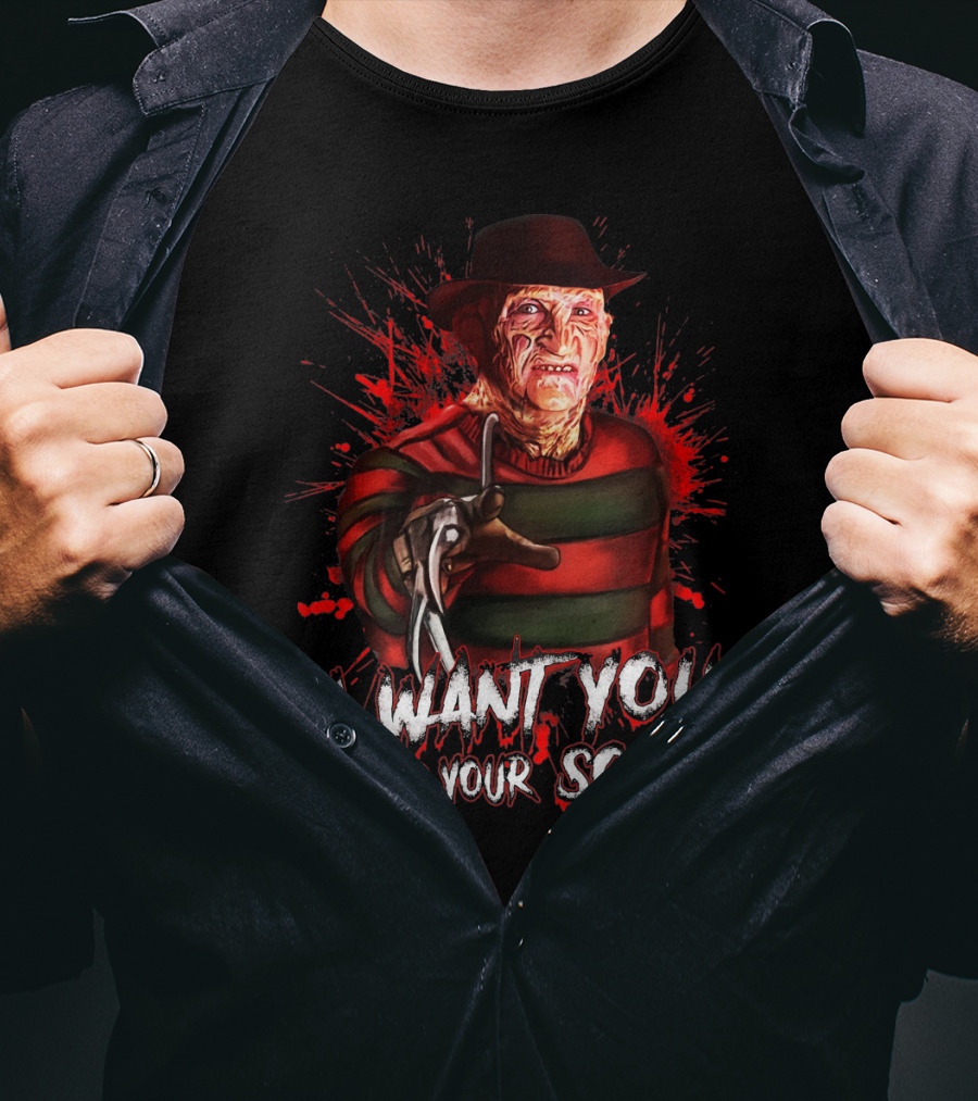 Freddy Krueger I Want You For Your Soul Horror Icon With Red And Green Stripes And Claw Glove T-Shirt