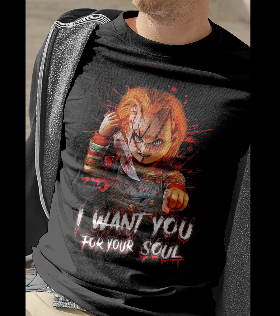 Chucky Horror Character With Knife I Want You For Your Soul T-Shirt