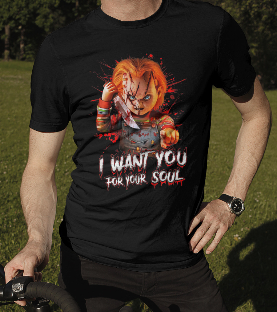 Chucky Horror Character With Knife I Want You For Your Soul T-Shirt