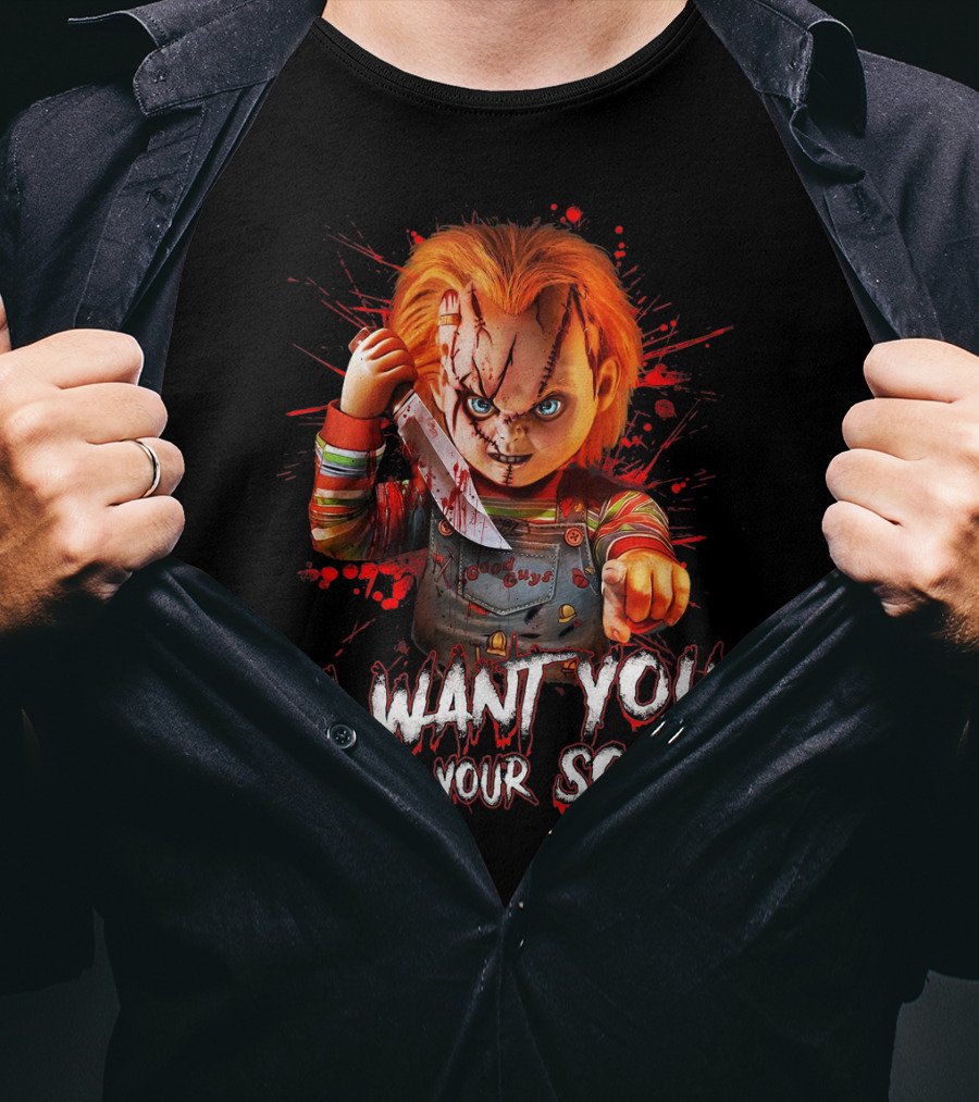 Chucky Horror Character With Knife I Want You For Your Soul T-Shirt