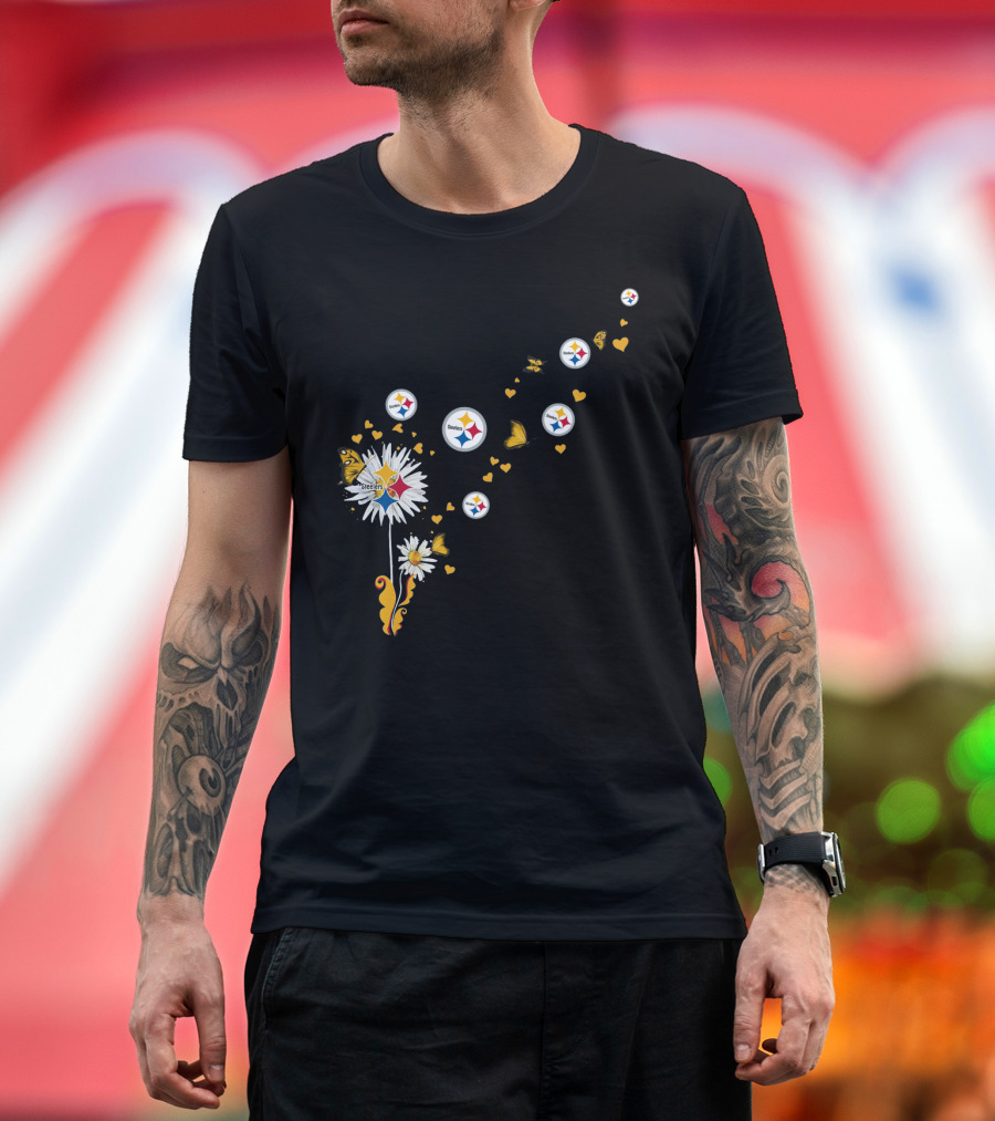 Dandelion With Pittsburgh Steelers Logo And Butterflies T-Shirt