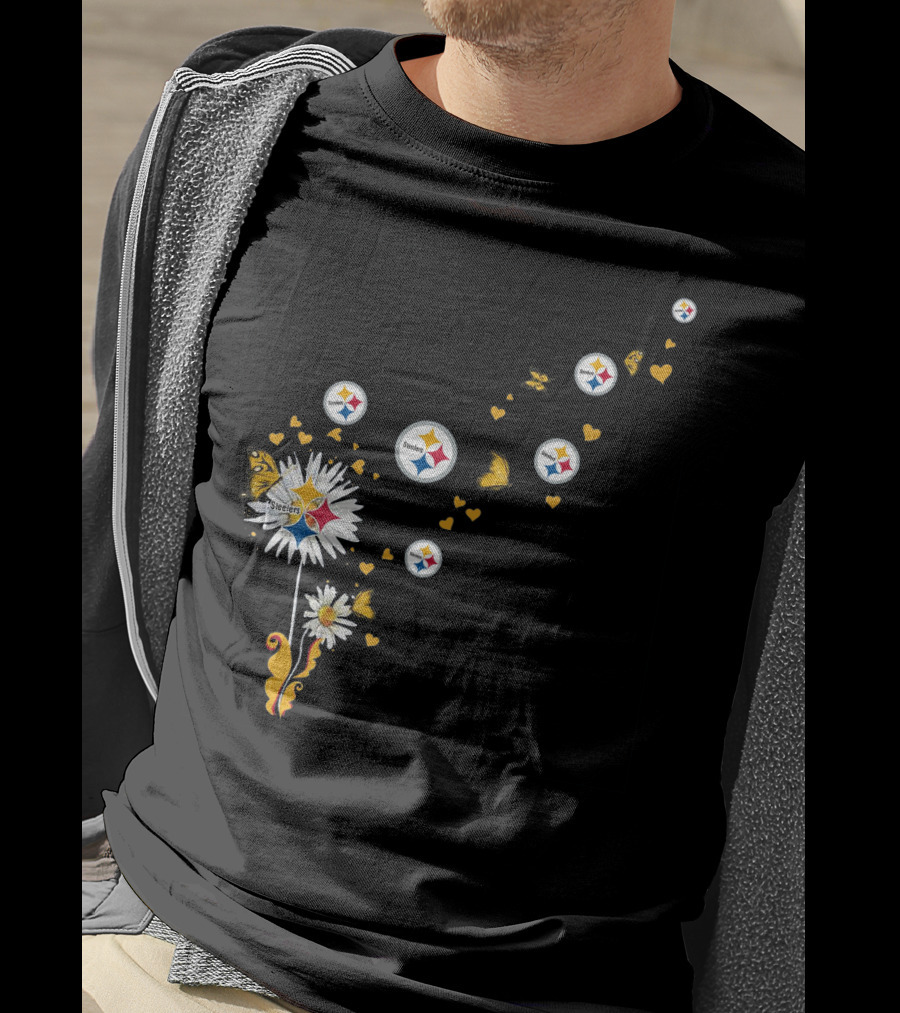 Dandelion With Pittsburgh Steelers Logo And Butterflies T-Shirt
