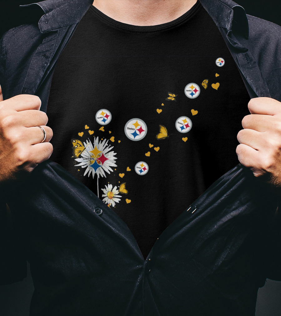Dandelion With Pittsburgh Steelers Logo And Butterflies T-Shirt