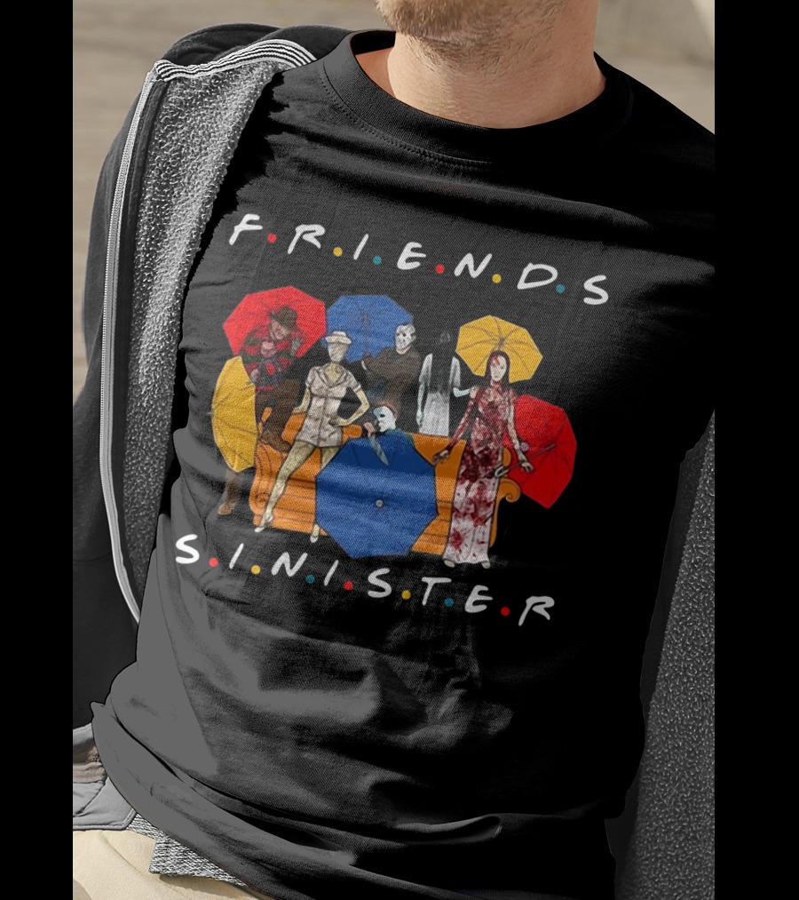 Friends Sinister Fusion Of Iconic Horror Characters On Central Perk Couch With Umbrellas T-Shirt