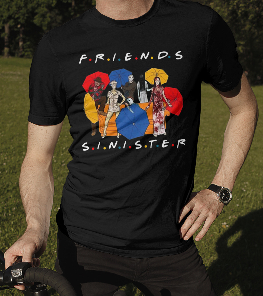 Friends Sinister Fusion Of Iconic Horror Characters On Central Perk Couch With Umbrellas T-Shirt