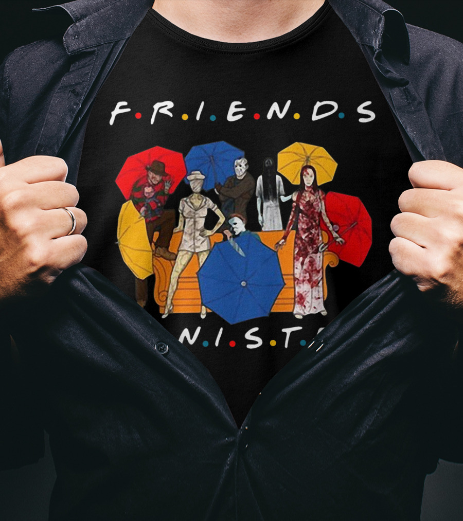 Friends Sinister Fusion Of Iconic Horror Characters On Central Perk Couch With Umbrellas T-Shirt