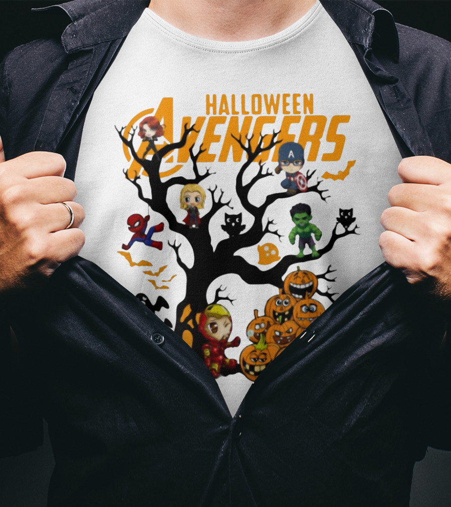 Chibi Halloween Avengers Characters With Pumpkins And Ghosts T-Shirt