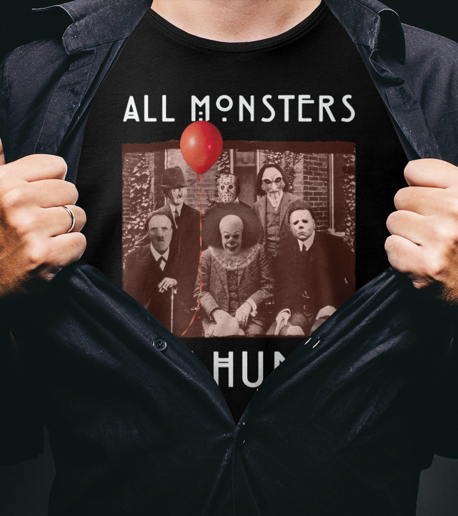 All Monsters Are Human Horror Icons With Red Balloon T-Shirt
