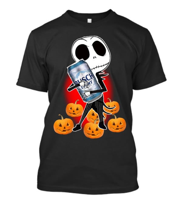 Jack Skellington Busch Light Hug Surrounded By Pumpkins Halloween T-Shirt
