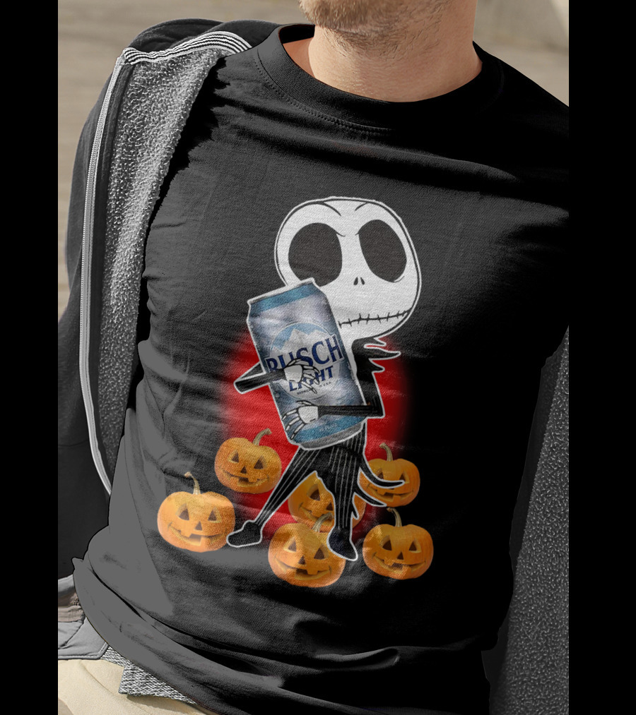 Jack Skellington Busch Light Hug Surrounded By Pumpkins Halloween T-Shirt