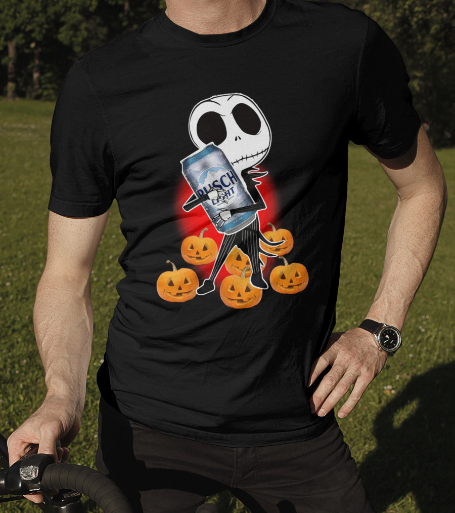 Jack Skellington Busch Light Hug Surrounded By Pumpkins Halloween T-Shirt