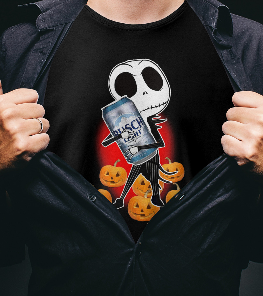 Jack Skellington Busch Light Hug Surrounded By Pumpkins Halloween T-Shirt