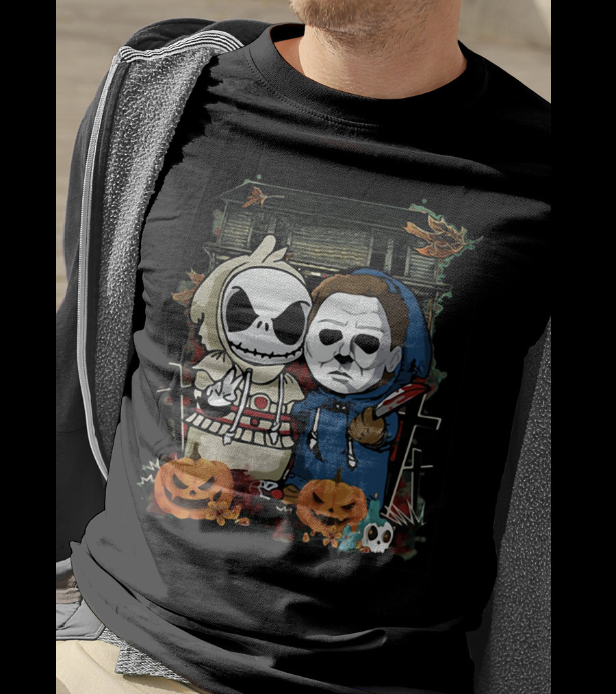 Jack Skellington And Michael Myers Halloween Crossover With Haunted House And Pumpkins T-Shirt