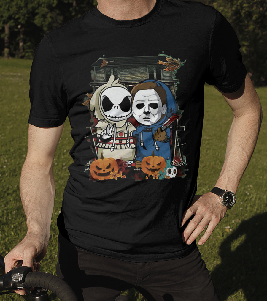 Jack Skellington And Michael Myers Halloween Crossover With Haunted House And Pumpkins T-Shirt