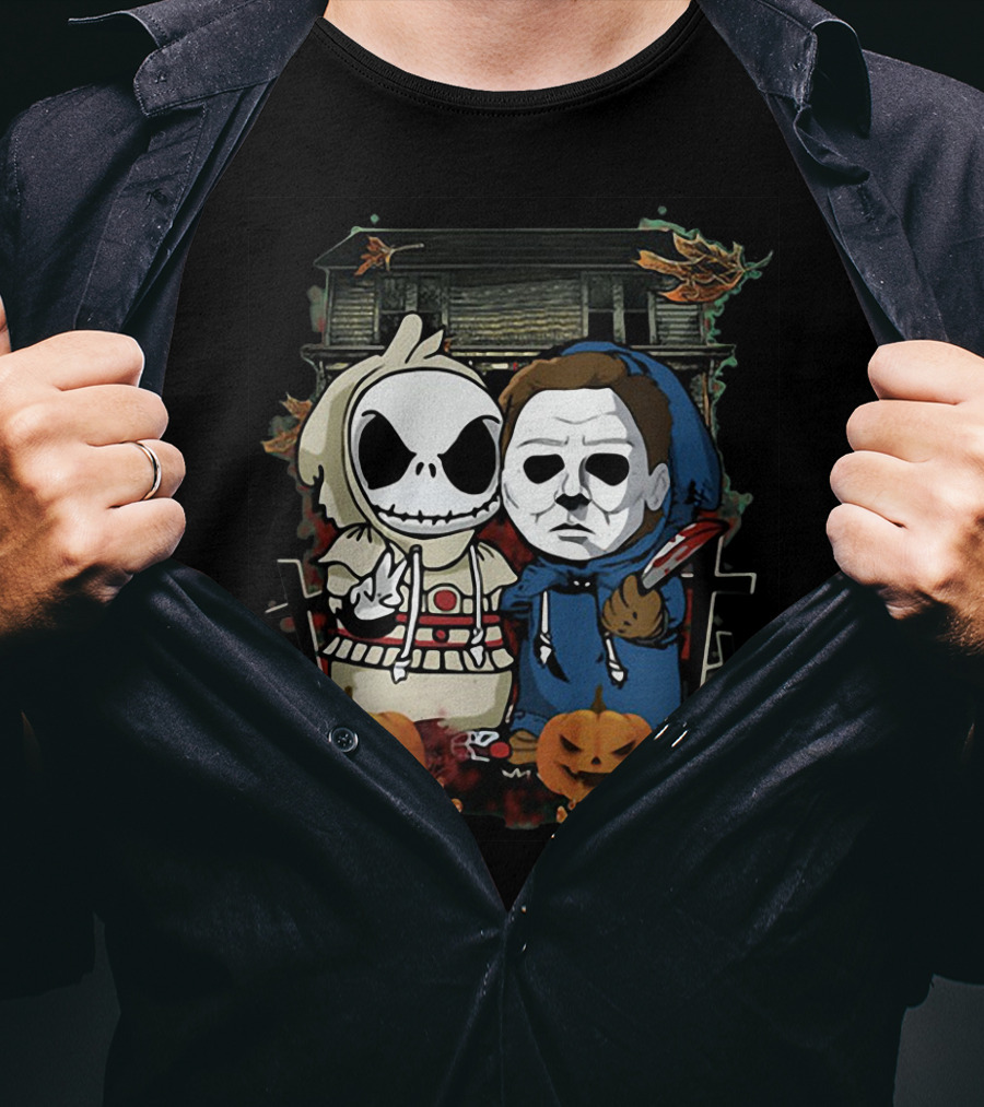 Jack Skellington And Michael Myers Halloween Crossover With Haunted House And Pumpkins T-Shirt