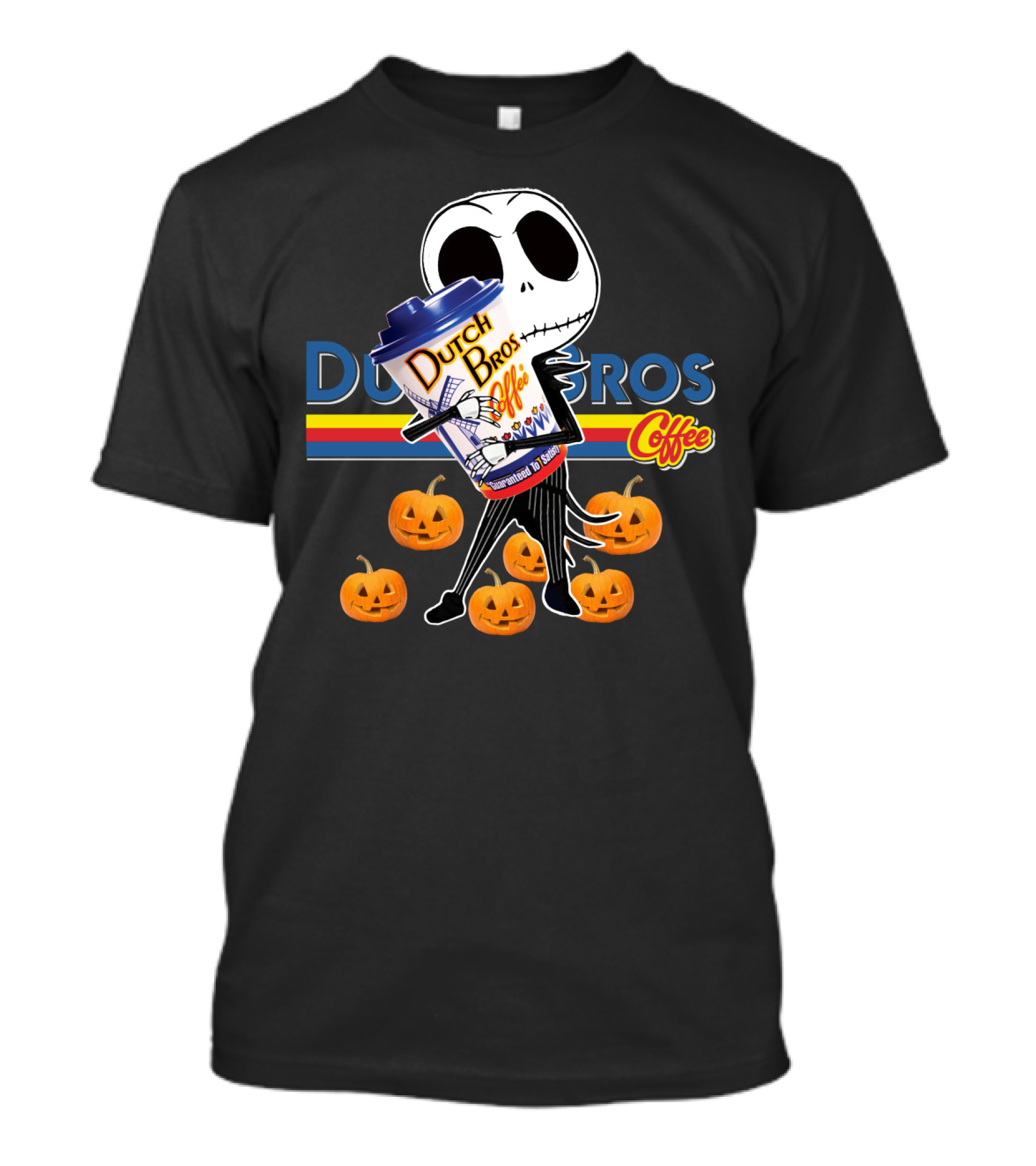 Jack Skellington Holding Dutch Bros Coffee Cup Surrounded By Pumpkins T-Shirt