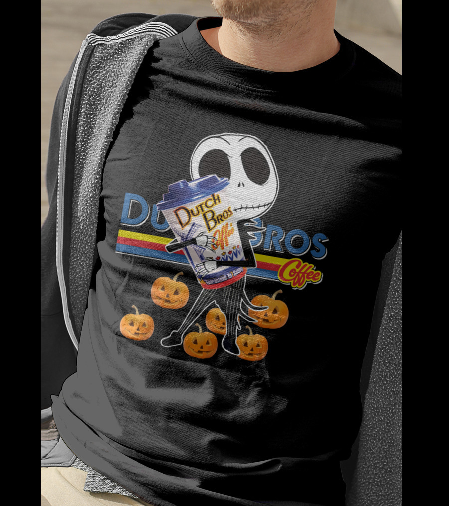 Jack Skellington Holding Dutch Bros Coffee Cup Surrounded By Pumpkins T-Shirt
