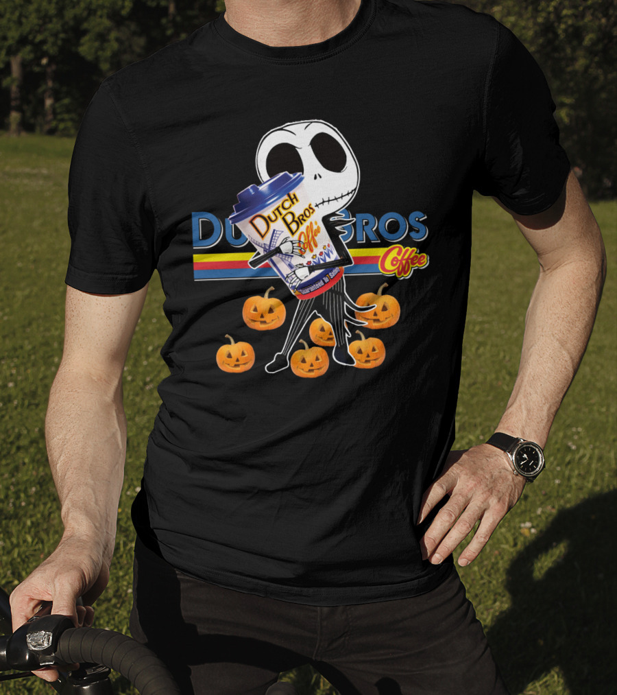 Jack Skellington Holding Dutch Bros Coffee Cup Surrounded By Pumpkins T-Shirt