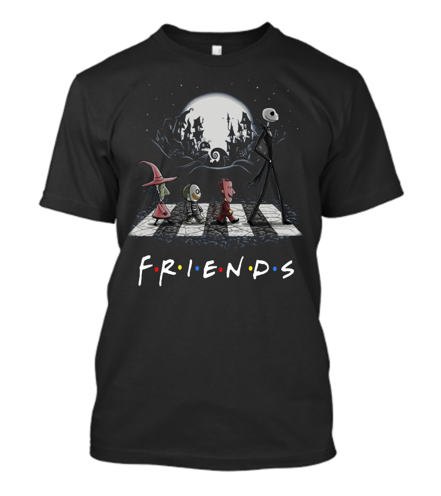 Friends Nightmare Before Christmas Characters Abbey Road Parody With Full Moon Background T-Shirt