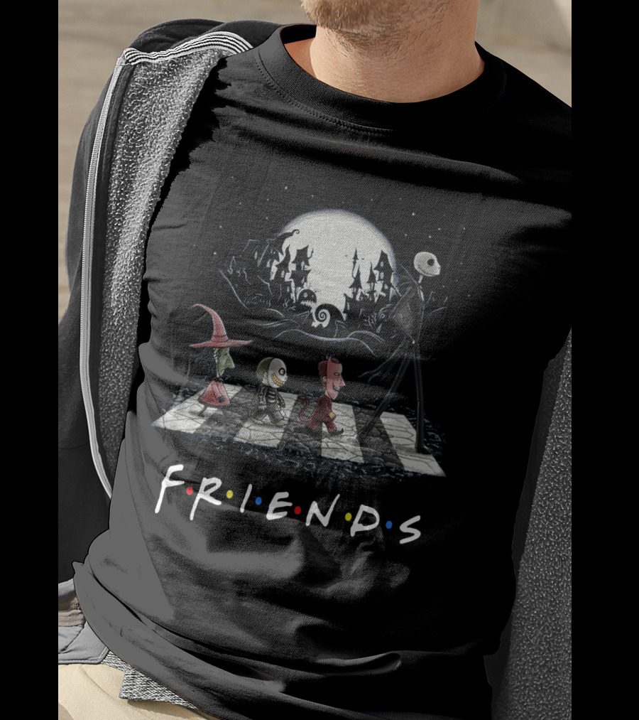 Friends Nightmare Before Christmas Characters Abbey Road Parody With Full Moon Background T-Shirt