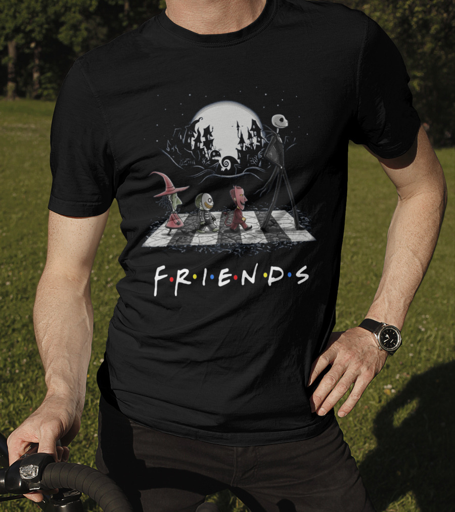 Friends Nightmare Before Christmas Characters Abbey Road Parody With Full Moon Background T-Shirt