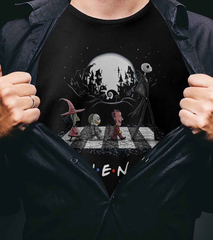 Friends Nightmare Before Christmas Characters Abbey Road Parody With Full Moon Background T-Shirt