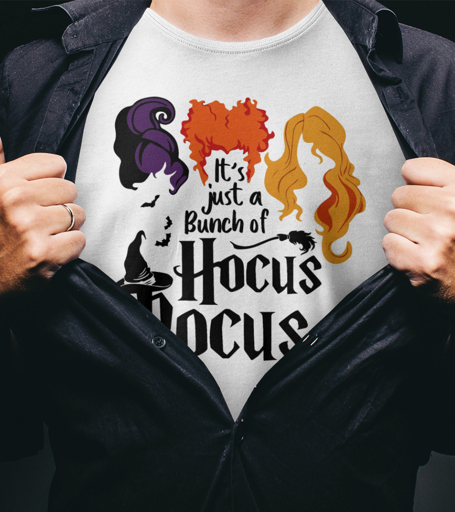 Hocus Pocus It's Just A Bunch Of Witch Hair Silhouettes With Hats And Bats T-Shirt