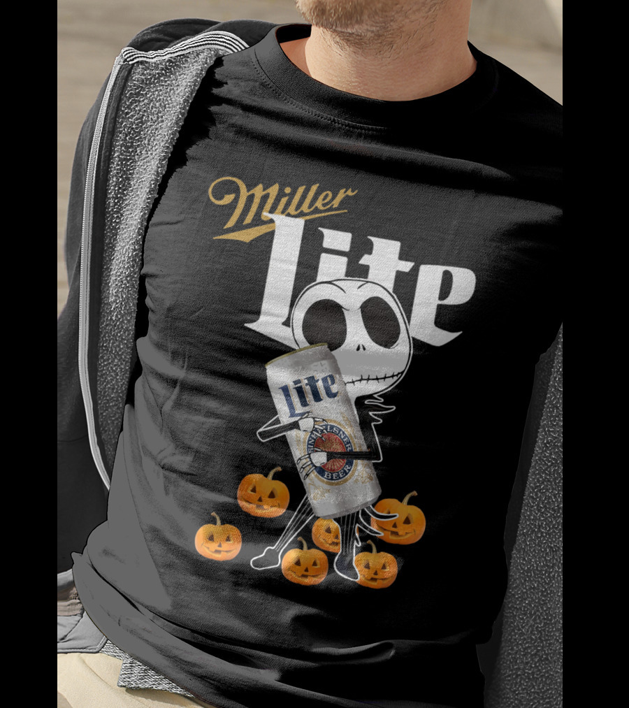 Jack Skellington Holding Miller Lite Surrounded By Pumpkins T-Shirt