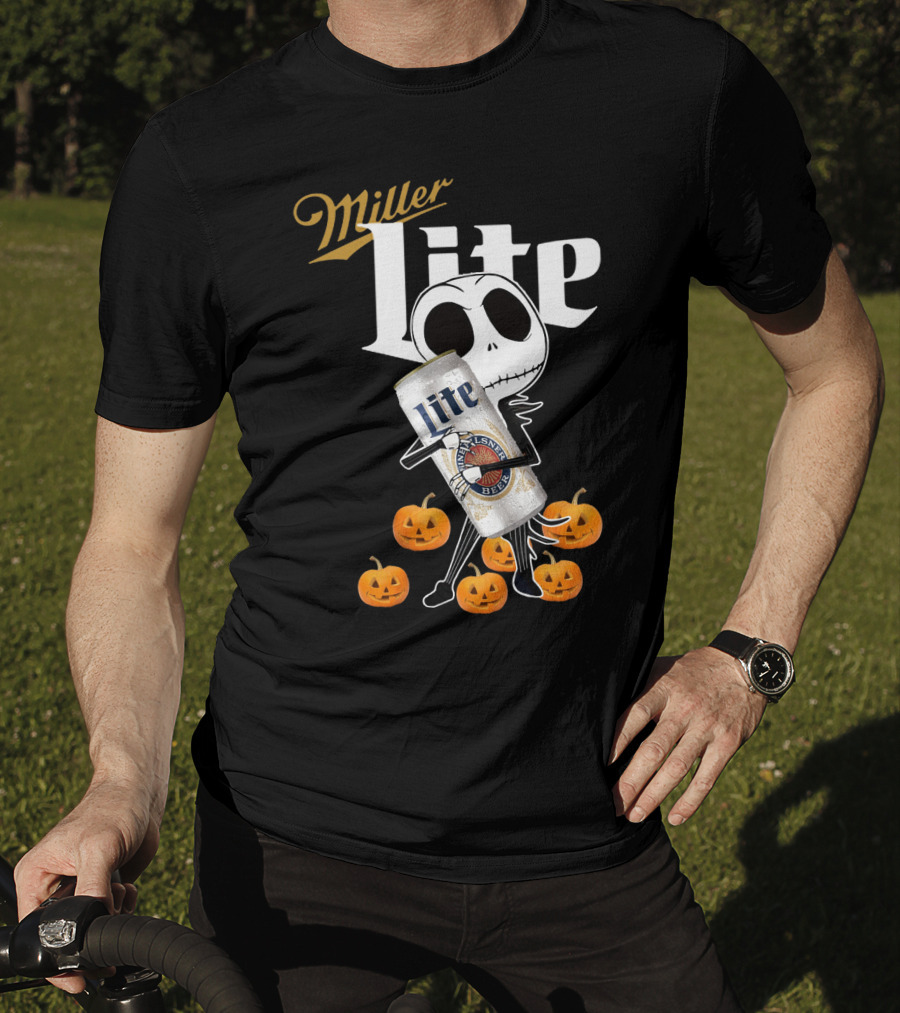 Jack Skellington Holding Miller Lite Surrounded By Pumpkins T-Shirt
