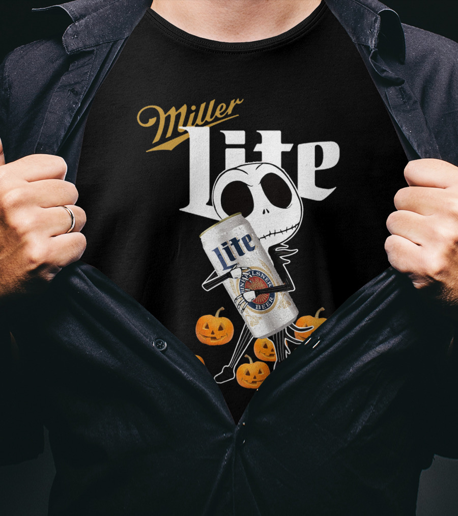 Jack Skellington Holding Miller Lite Surrounded By Pumpkins T-Shirt